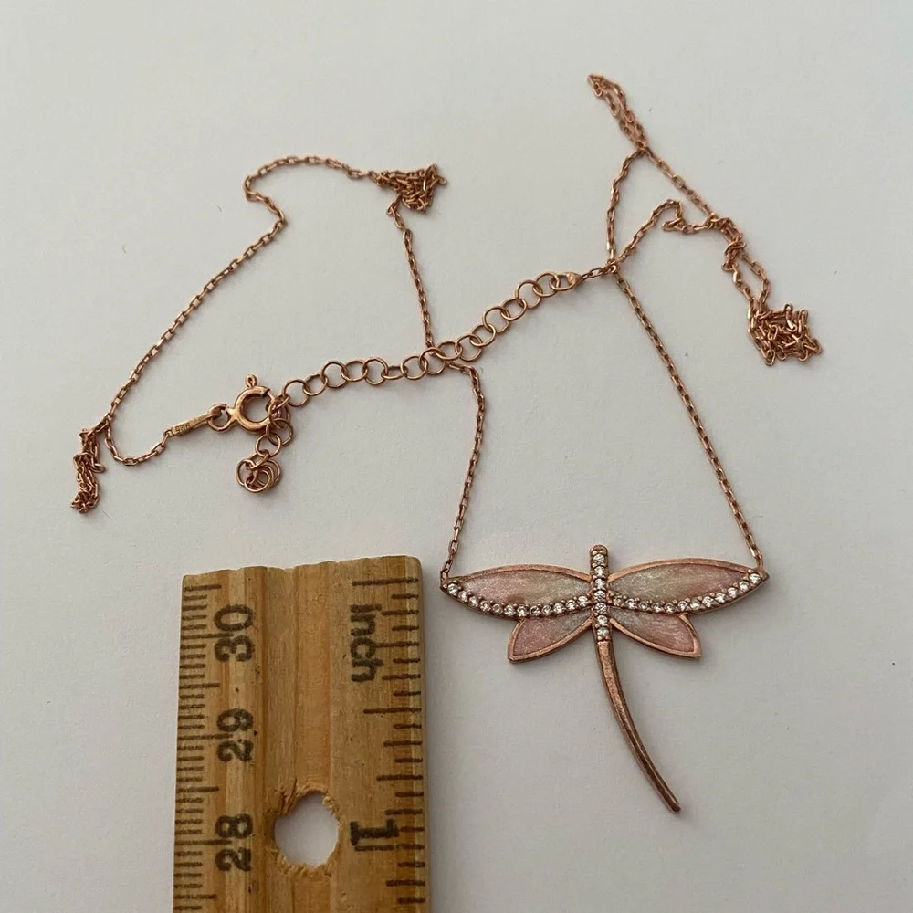 925 Silver pink dragonfly enamel cz stones necklace 14K rose gold plated